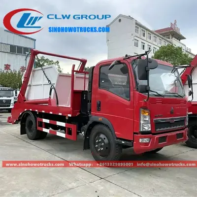Side view of the HOWO 3.5 t skip truck showing the high strength steel swing arm and hydraulic cylinder
