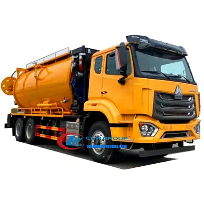 Side view of the HOWO combination jetting truck with high-pressure jetting hose and nozzle mounted on the side