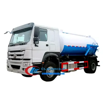 Sinotruk HOWO 14,000 litre sewage pumper truck in white with vacuum pump and suction hose visible