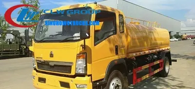 Side view of the HOWO water tanker showing the 5 cubic metre tank and rear working platform