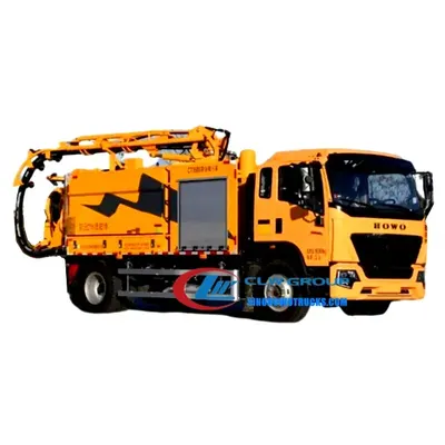 Side view of the truck mounted jetter with high-pressure hose reel and vacuum suction pipe