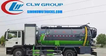 Sinotruk HOWO 12000L jet vac combo truck in service with rear lid open and high-pressure hose deployed