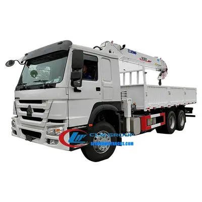 Rear view of the HOWO crane truck with the hydraulic winch and slewing mechanism visible