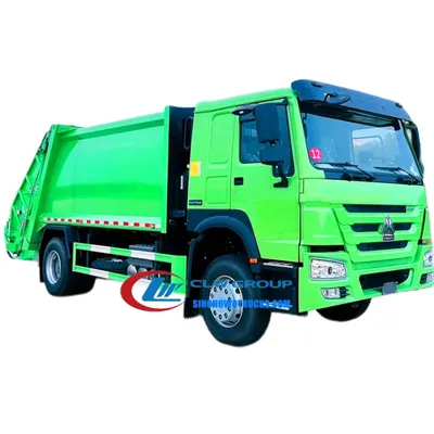 Side view of the HOWO rear loader truck showing the high-strength T420 steel compactor body and sealed door