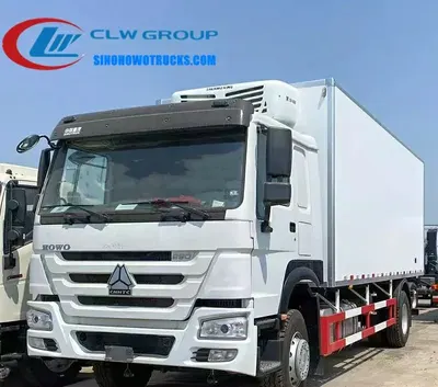 Rear view of the HOWO 15 ton freezer van with cooling unit and access panel open