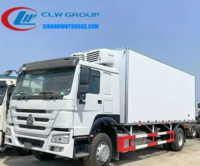 Side view of the HOWO reefer truck with refrigeration unit mounted on the rear