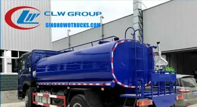 Rear view of the HOWO water tanker showing the working platform and spray system