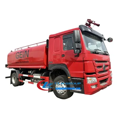 Rear view of the HOWO water truck with high-pressure cannon and spray system