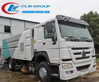 Rear view of the HOWO road sweeper with high-pressure sprayers and water tank access door