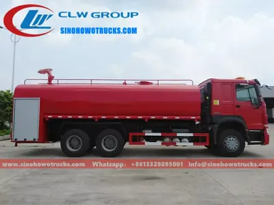 Rear view of the HOWO fire water tender showing the pump room and fire equipment table