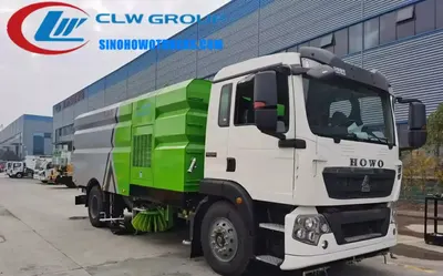 Rear view of the HOWO road sweeper showing the stainless steel dustbin and self-cleaning tipping mechanism