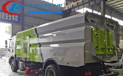Rear view of the HOWO street sweeper showing the high-pressure sprayers and suction nozzles