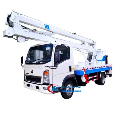 Side view of the HOWO aerial lift truck showing outriggers, work basket, and hydraulic system