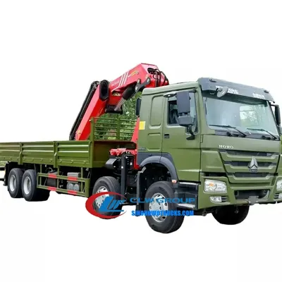 Rear view of the HOWO crane truck with the hydraulic winch and control panel visible