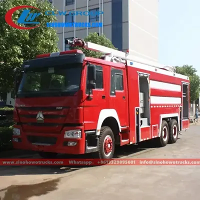 Rear view of the HOWO fire truck showing the water and foam tanks and pump system