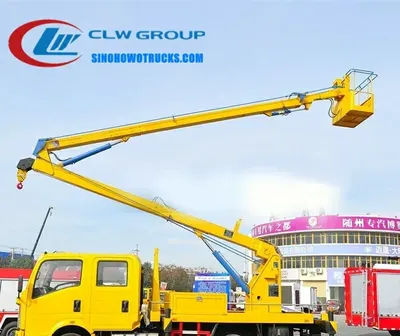Side view of the HOWO aerial platform truck showing three-section folding arm and H-type outriggers