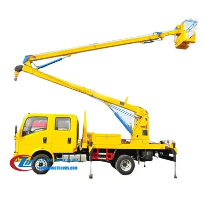 Sinotruk HOWO 18m truck with boom lift in urban maintenance setting with work basket at full height
