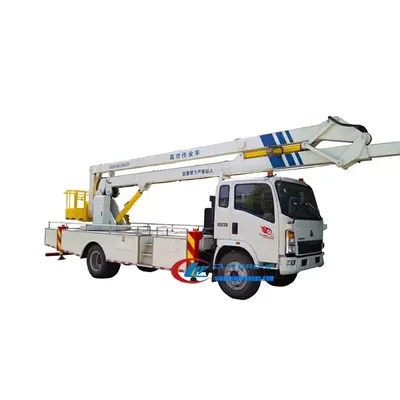 Side view of the HOWO aerial work platform showing outriggers, boom, and control panel
