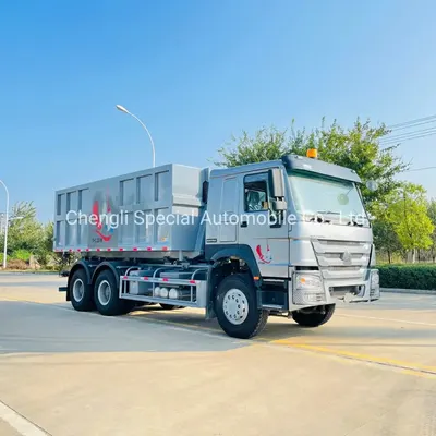 Rear view of the HOWO hook lift truck showing the 50 degree dump angle and container release mechanism