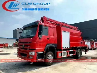 Rear view of the HOWO fire truck showing the CB10.20/30.60 fire pump and control panel