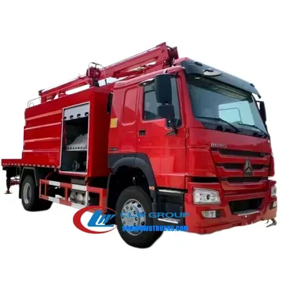 Side view of the aerial platform with hydraulic arms fully extended and monitor positioned at 90 degrees elevation