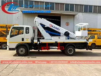Side view of the aerial lift truck showing the H-type outriggers deployed and the working cage with crew