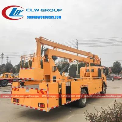 Side view of the HOWO man lift showing the hydraulic boom and H-type outriggers