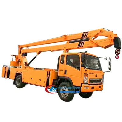Sinotruk HOWO 20 meter truck mounted man lift in urban setting with platform raised to 20 meters