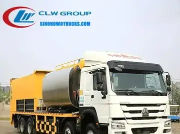 Sinotruk HOWO 24m3 asphalt spreader and distributor truck in operation with asphalt spray and gravel spreading