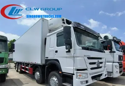 Rear view of the HOWO reefer truck with Thermo King cooling unit mounted on the side and aluminum alloy door edge