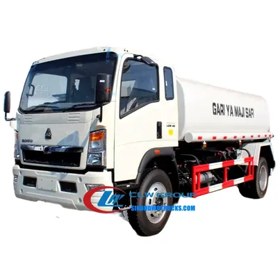 Side view of the HOWO water truck showing the ellipse-shaped tank and spray arms
