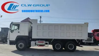 Side view of the HOWO 25-ton tipper truck showing the high-strength steel body and hydraulic lift system