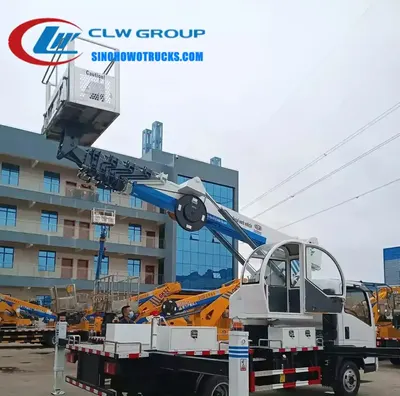 Side view of the HOWO 28m aerial lift showing four outriggers and telescopic boom