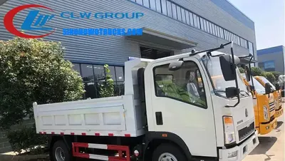 Rear view of the HOWO 3 ton mining dump truck with open box and hydraulic pistons in operation