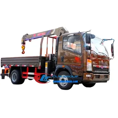Rear view of the truck crane with the boom folded and the cargo box with side panels