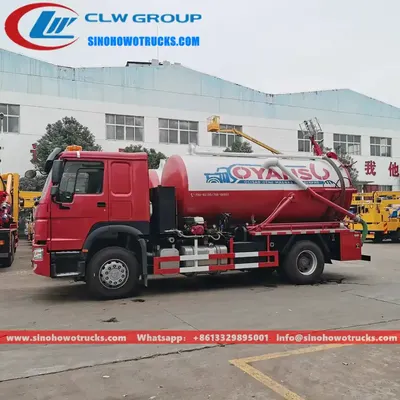 Sinotruk HOWO 6x4 3000 gallon sewage truck in urban service with 9 metre swivel suction tube extended