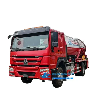 Side view of the HOWO sewage truck with hydraulic cab tilt and 360 degree swivel suction tube