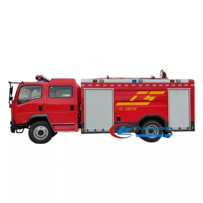 Side view of the HOWO miniature fire truck with open equipment box and pump room