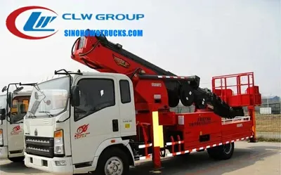 Front view of the HOWO boom lift truck with 1880 cabin and work basket at mid-height