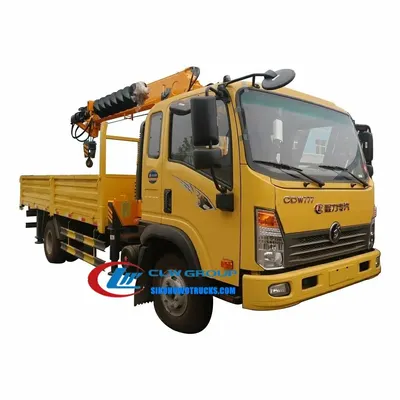 Rear view of the utility truck with crane and drilling machine mounted on the cargo body