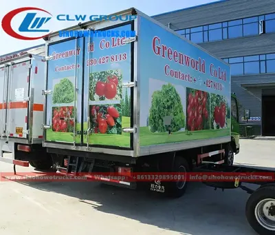 Rear view of the HOWO food fridge truck with Kai Xue refrigeration unit mounted on the body
