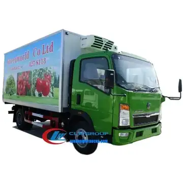 Sinotruk HOWO 4.2 meter small food fridge truck in white with rear door open, showing refrigerated body interior