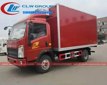 Sinotruk HOWO 4 ton cold truck in white with company logo on the side, parked on a tropical road