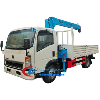 Sinotruk HOWO 4 ton mini crane truck in Liberia with telescopic boom extended and cargo box loaded