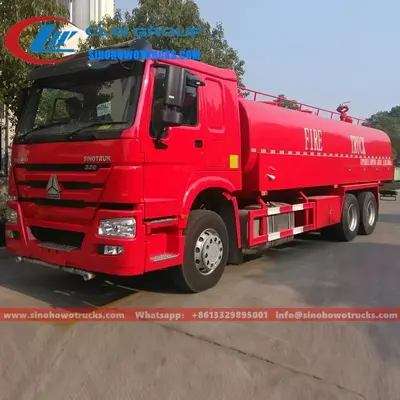 Front view of the HOWO 6x4 fire tanker with dual front sprinklers and cab