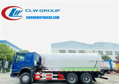 Sinotruk HOWO 6x4 sewage lorry with 20000L tank in metallic grey with customer logo and rear hydraulic tailgate open