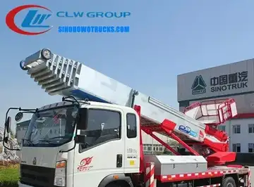 Sinotruk HOWO 45m aerial ladder truck in urban setting with hydraulic boom raised and platform at full height