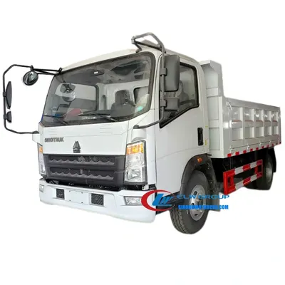 Side view of the small tipper truck showing the 3800 x 1800 x 400 mm carbon steel dump box and double hydraulic cylinders
