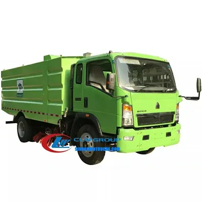 Side view of the HOWO sweeper showing stainless steel dustbin and water tank