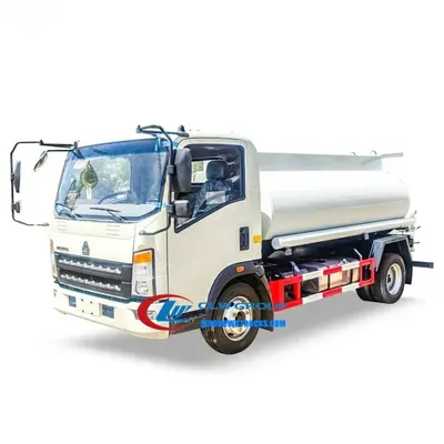 Side view of the HOWO water tanker showing stainless steel tank and rear working platform